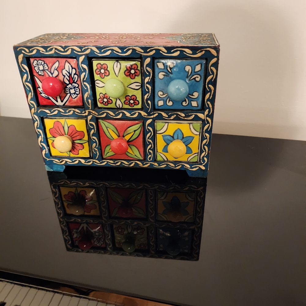 Hand Painted Wooden Spice Apothecary Chest 6 Ceramic Drawers Boho Folk Art